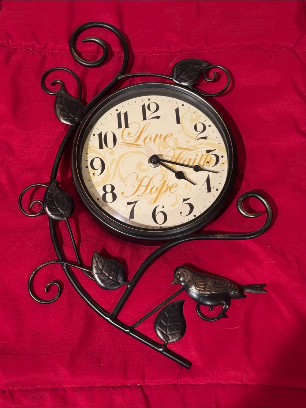 Love Faith Hope Decorative Black Metal Wall Clock with Bird and Leaves Accent